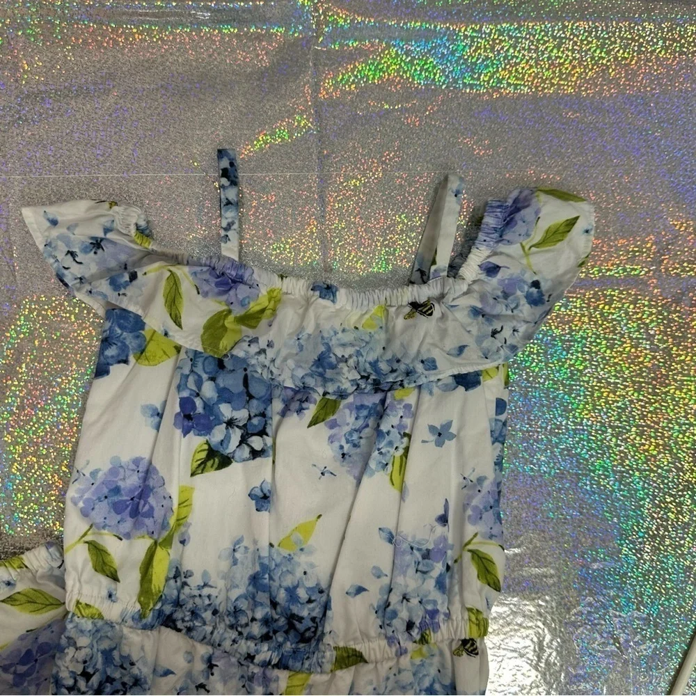 Gymboree Size 3T Floral Lined Jumpsuit Blue White Off Shoulder Ruffles Bees